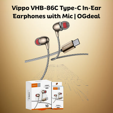 Vippo VHB-86C Type-C In-Ear Earphones with Mic and packaging on a beige background
